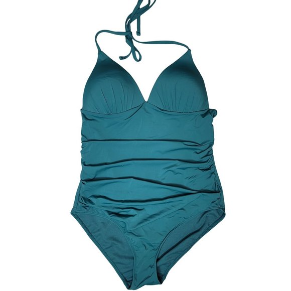 primark NWT green rushed satin type halter swim suit size 8 - Picture 1 of 4